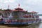 A touring boat on Jingbo Lake in Heilongjiang, China. Wetland and Mountain landscape