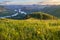 Tourism in Altay, Russia. View of the valley and the Katun River from the mountain. Spring panoramic view.