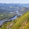 Tourism in Altay, Russia. View of the valley and the Katun River from the mountain. Spring view.