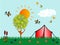 Tourism and camping. Beautiful card with camp, butterflies, birds, sun, tree and flowers
