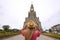 Tourism in Canela, Brazil. Rear view of tourist girl enjoying view of Our Lady of Lourdes church in Canela, Rio Grande do Sul,