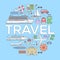 Tourism circle concept design. Holiday vacation vector elements. Flat trip thin lines style icons illustration.Transport