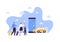 Tourism and city travel concept. Vector flat people illustration. Tourist family with child hold baggage and backpack. Smartphone