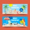 Tourism day banner design with swim ring, umbrella, surfboard, starfish watercolor illustration