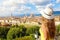 Tourism in Italy. Back view of young woman enjoying panoramic view of Florence city, Tuscany, Italy