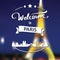 Tourism label with skyline, text Welcome to Paris