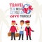 Tourism poster illustration with text Travel is the best gift you can give yourself. Hotel staff, porter with suitcases