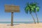 Tourism and Travel Concept. Empty Wooden Direction Signbard in Tropical Paradise Beach with White Sand and Coconut Palm Trees. 3d