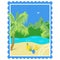 Tourism. Tropics. Color illustration with a view of the sea, the beach, fruits, mountains, made in the form of the brand.
