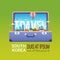 Tourism And Vacation Concept Travel South Korea Poster With Seoul City Landscape In Suitcase Skyline View Template