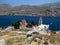 Tourism - View of the bay of mediterranian island. View of church.