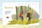 Tourism webpage template. Tourist walking in woods vector illustration