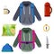 Tourist activity. Set of flat items for campaign. Clothing with backpack