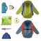 Tourist activity. Set of flat items for campaign. Clothing with backpack