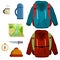 Tourist activity. Set of flat items for campaign. Clothing with backpack, thermos and hot mug