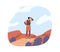 Tourist in adventure, looking forward, exploring nature. Hiker travel, standing on top of mountains in sky. Concept of