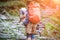 Tourist with backpack on the Annapurna track, Nepal