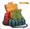 Tourist backpack and bag, Travel, 3d vector