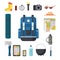 Tourist backpack. Great marching backpack with a set of tourist things for travel.