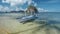 Tourist banca boat float in morning light ready for island hopping trip. Nature scene of El Nido area, Palawan