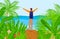 Tourist at beach nature, vector illustration, flat man character at tropical adventure, happy tourism near sea, traveler