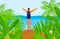 Tourist at beach nature vector illustration sucess man character at tropical adventure, happy tourism near sea, traveler