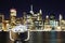 Tourist binoculars pointed at Manhattan skyline at night, NYC.