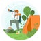 Tourist, birdwatcher with spyglass, backpack and orange tent in nature watching birds. Vector illustration about vacation, travel