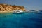Tourist boats anchored by the island, Sharm El Sheikh, Sinai Peninsula, Red Sea, Egypt.