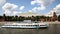 Tourist boats float on the Moscow river against the background of the Kremlin, Moscow