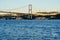 Tourist boats sail under the bridge in Istanbul. Traveling on the Bosphorus. Panoramic view, View of the First Bosphorus