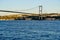 Tourist boats sail under the bridge in Istanbul. Traveling on the Bosphorus. Panoramic view, View of the First Bosphorus