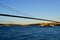 Tourist boats sail under the bridge in Istanbul. Traveling on the Bosphorus. Panoramic view, View of the First Bosphorus