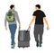 Tourist boys travelers carrying suitcase vector illustration isolated on white. Refugees carry big bag luggage . Man passenger