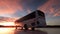 Tourist bus driving on a highway at sunset backlit by a bright orange sunburst. 3d rendering