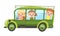 Tourist bus. Kids drives a green multi-seat automobile. Toy vehicle. Car with a motor. Passenger auto. Off-road