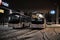Tourist buses in a parking lot in the winter