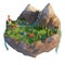 Tourist camp in mountain near river and forest. Lighthouse 3d low poly flowing island. Outdoor activities illustration