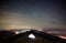 Tourist camp on the top of mountain under night starry sky