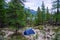 Tourist camping tent on beatiful landscape, moss field in the fir forest