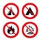 Tourist camping tent signs. Fire flame icons