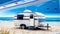 Tourist caravan trailer parked on the beach sand