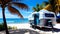 Tourist caravan trailer parked on the sandy beach next to palm trees. In concept of vacation travel, tourism