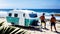Tourist caravan trailer parked on the sandy beach next to palm trees. In concept of vacation travel, tourism