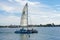 Tourist catamaran sailing boat in the Mission Bay of San Diego, California, USA