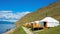 Tourist center in Mongolia on the shore of Lake Hovsgol. Yurts - a traditional home in Mongolia