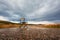 Tourist chair on empty road. Stormy sky and nature view. New adventure. Active lifestyle and sport concept, copy space