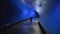 Tourist child walk in aquarium tunnel admiringly looks at different fish that swim in blue water