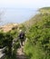 Tourist climb the wooden stair. Bornholm.Denmark