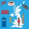 Tourist concept - UK symbols, drawn in pencil. Union Jack flag, Big Ben, royal guard, a cup of tea, umbrella, a London bus, a poli